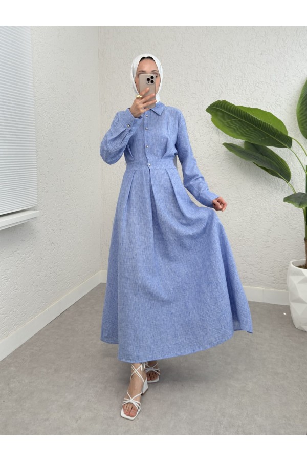 Half Buttoned Elastic Waist Linen Dress -Blue