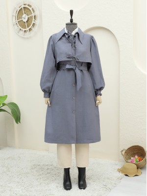 Önü Bağlama Detaylı Düğmeli Cepli Trençkot -Füme