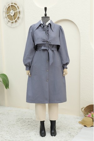 Önü Bağlama Detaylı Düğmeli Cepli Trençkot -Füme