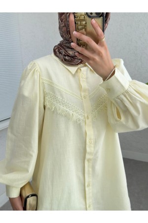 Güpür Püsküllü Ham Keten Balon Kol Gömlek     -Açık Sarı
