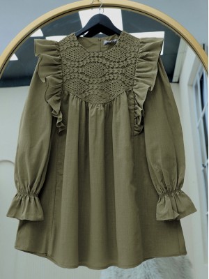 Omuz Fırfırlı Robası Dantel İşlemeli Poplin Tunik     -Kamuflaj