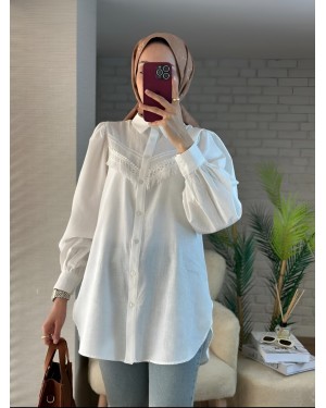Güpür Püsküllü Ham Keten Balon Kol Gömlek -Ekru
