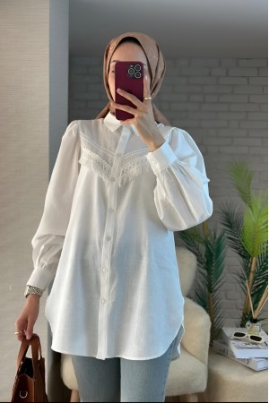 Güpür Püsküllü Ham Keten Balon Kol Gömlek -Ekru