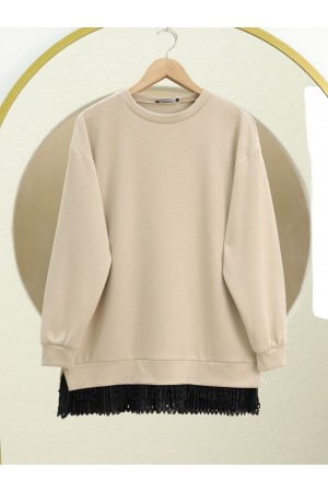 Etek Ucu Fistolu Bisiklet Yaka Tunik -Bej