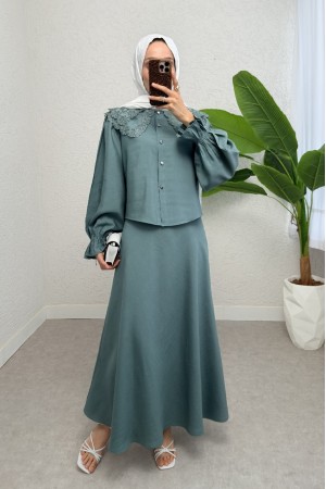 Baby Collar Scalloped Elastic Sleeve Blouse-Flared Skirt Set -Mint Color