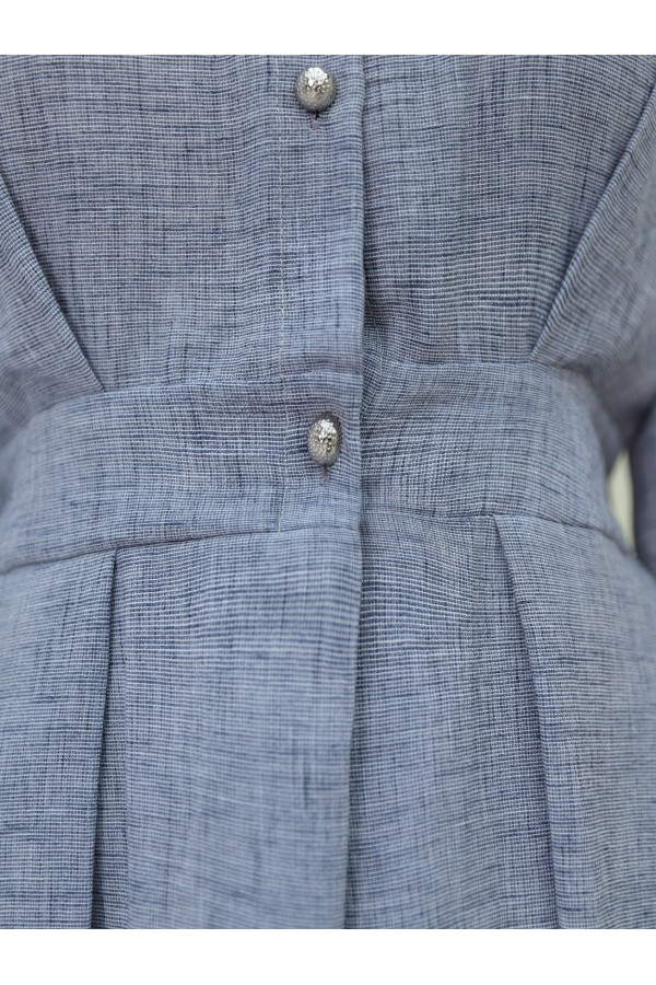 Half Buttoned Elastic Waist Linen Dress -Ice Blue