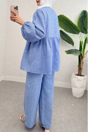 Önü Bağlamalı Parçalı Kolu Lastikli Takım  -Mavi