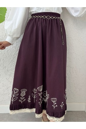 Dantel İşlemeli Beli Lastikli Etek -Mürdüm