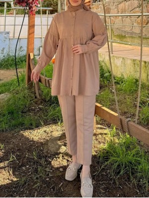 Robadan Büzgülü Dantel İşlemeli Keten Takım    -Karamel