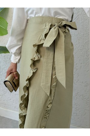 تنورة مزدوجة الطبقات مع كشكشة وفتحة خصر مربوطة -كاجلا جرين