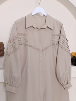 Boydan Düğmeli Omuzu  Ve Önü Fistolu Gömlek   -Açık Vizon