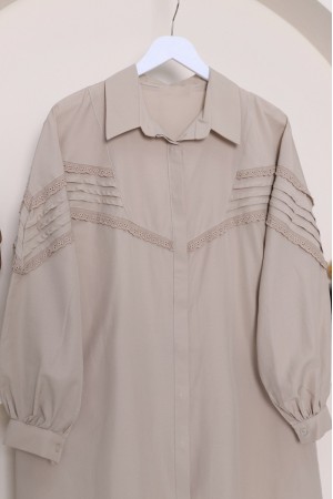 Boydan Düğmeli Omuzu  Ve Önü Fistolu Gömlek   -Açık Vizon