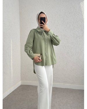 Collar Detailed Long Back Buttoned Shirt -Cagla Green