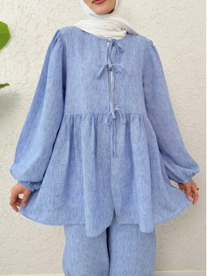 Önü Bağlamalı Parçalı Kolu Lastikli Takım  -Mavi