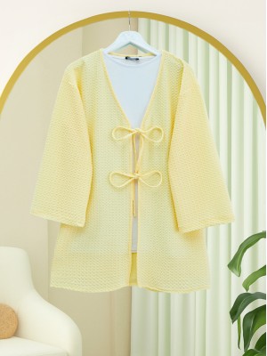 Honeycomb Pattern Kimono with Double Lace Front -Light yellow