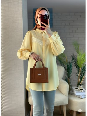 Güpür Püsküllü Ham Keten Balon Kol Gömlek     -Açık Sarı