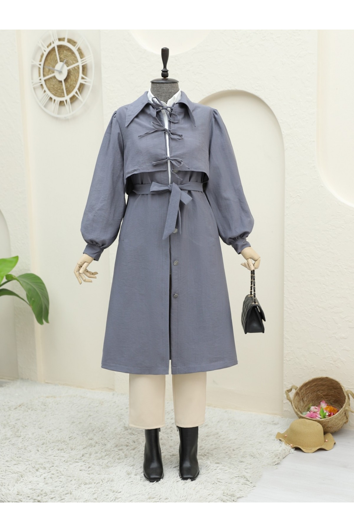 Front Tie Detail Buttoned Pocket Trench Coat -Smoked 