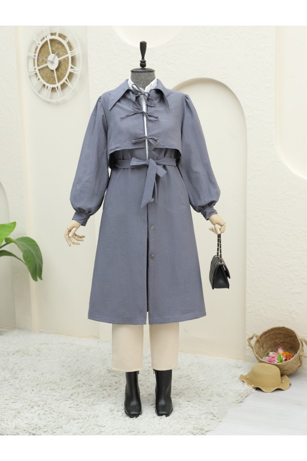 Front Tie Detail Buttoned Pocket Trench Coat -Smoked 