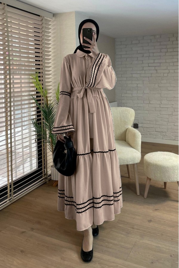 Partial Dress with embroidered sleeves and skirt  -Mink color