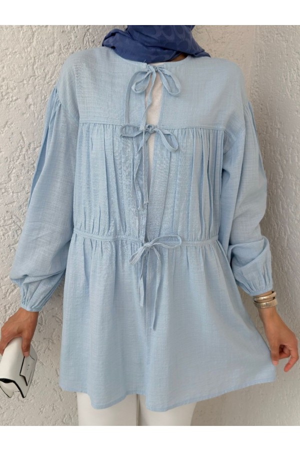 Tie Front Elastic Sleeve Shirt -Baby Blue