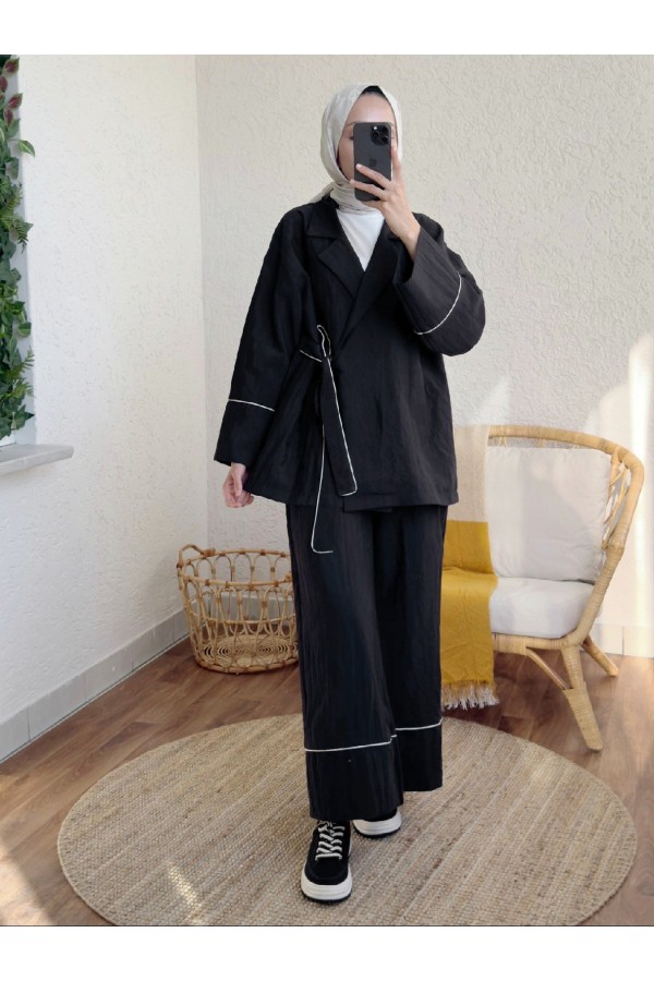 Side Tie Strip Detailed Suit -Black