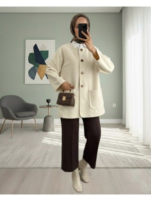 Çift Cepli Önü Düğmeli Kaşe Ceket -Bej
