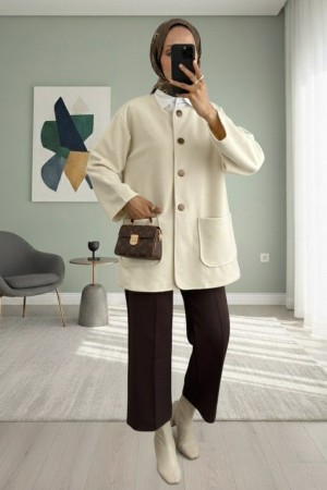 Çift Cepli Önü Düğmeli Kaşe Ceket -Bej