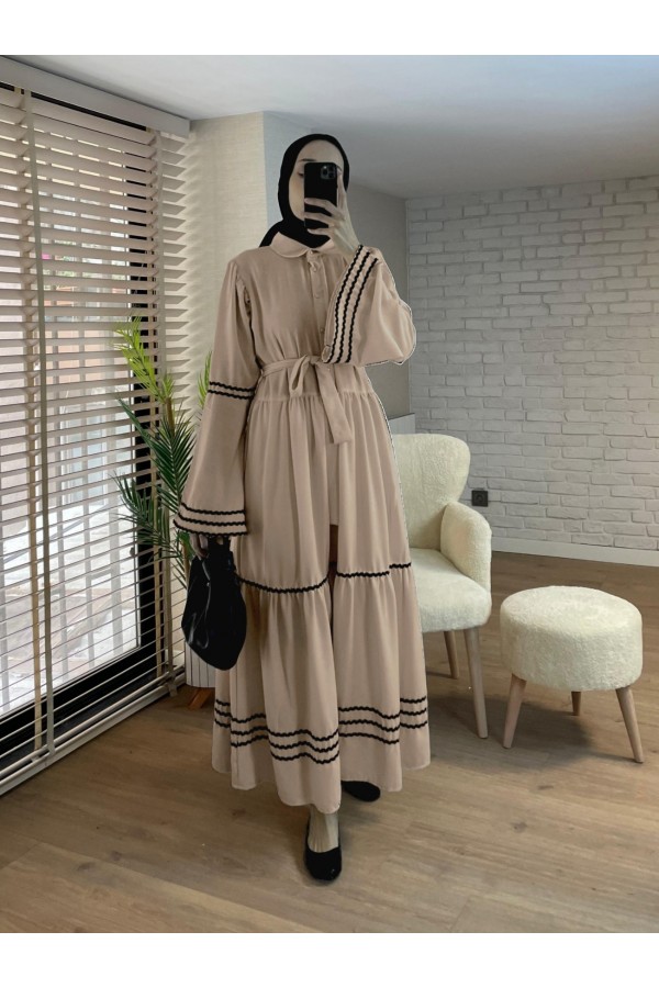 Partial Dress with embroidered sleeves and skirt  -Mink color