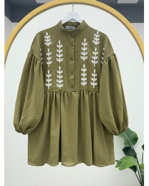 Panç İşlemeli Yarım Düğmeli Keten Tunik  -Haki