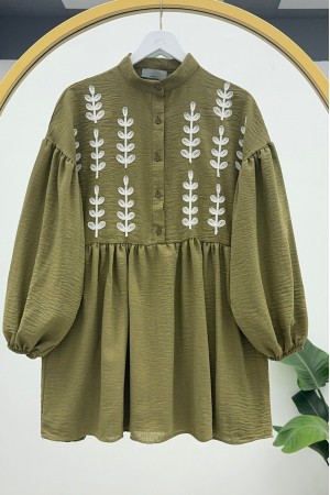 سترة من الكتان مطرزة بنصف أزرار  -خاكي