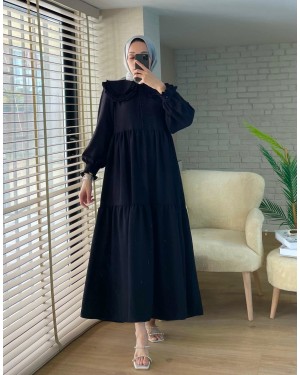 Bebe Yaka Fırfırlı Parçalı İthal Keten Elbise -Siyah