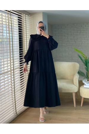 Baby Collar Ruffled Piece Imported Linen Dress -Black