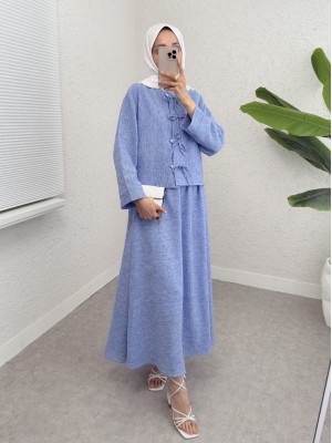 Taş Ve Kurdele Detaylı Etekli Keten Takım -Mavi