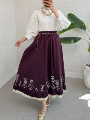 Dantel İşlemeli Beli Lastikli Etek -Mürdüm