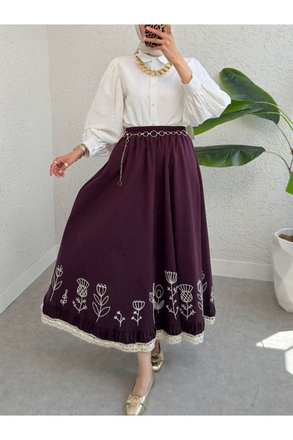 Lace Embroidered Elastic Waist Skirt -Damson