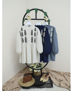 Panç İşlemeli Yarım Düğmeli Keten Tunik -Bej