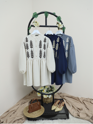 Panç İşlemeli Yarım Düğmeli Keten Tunik -Bej