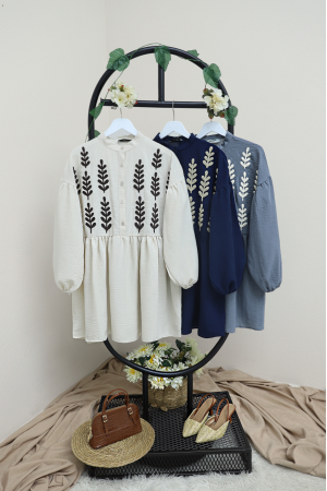 Panç İşlemeli Yarım Düğmeli Keten Tunik -Bej