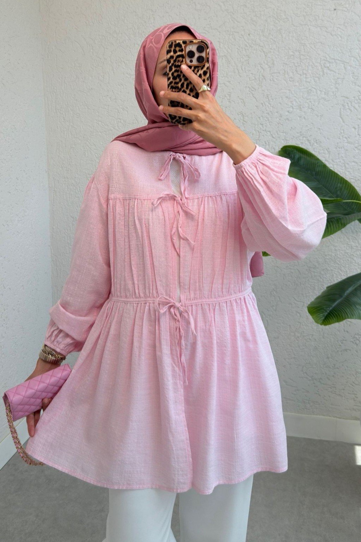Önü Bağlamalı Kolları Lastikli Gömlek -Pembe