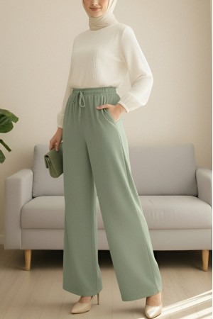Beli Lastikli Bağcık Detaylı Cepli Bol Paça Tensel Pantolon -Çağla Y.