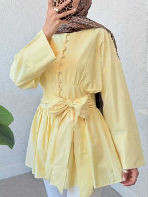 Beli Bağcıklı Boydan Taş Düğmeli Tunik -Açık Sarı