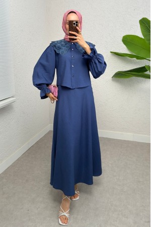 Baby Collar Scalloped Elastic Sleeve Blouse-Flared Skirt Set -Navy blue