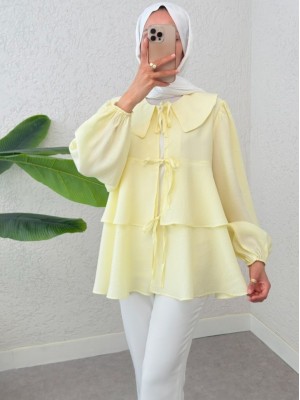 Peter Pan Collar Kimono with Tied Front and Layered Skirt -Light yellow