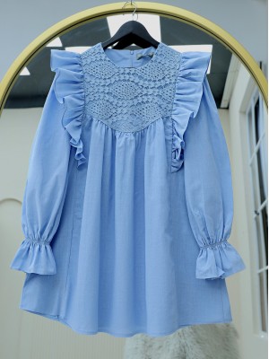 Omuz Fırfırlı Robası Dantel İşlemeli Poplin Tunik  -Mavi