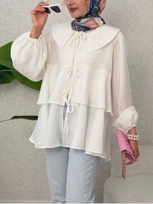 Bebe Yaka Önü Bağcıklı Eteği Katlı Kimono -Beyaz