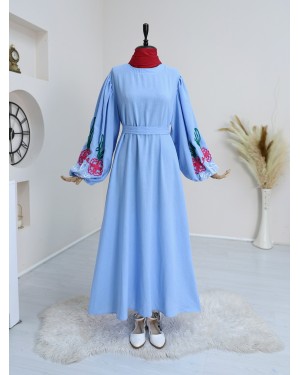 Kolları Balon Süzene İşlemeli Kemerli Elbise  -Mavi