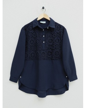 Lace Embroidered Skirt Button Detailed Shirt   -Navy blue