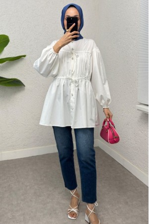 Önü Bağcık Detaylı Boydan Düğmeli Gömlek Tunik -Ekru