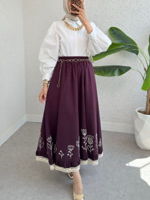 Dantel İşlemeli Beli Lastikli Etek -Mürdüm