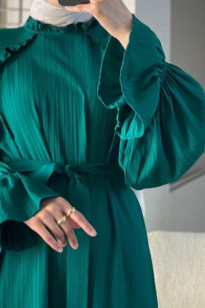 Frilled Collar, Elastic Sleeves, Belted Dress -Emerald